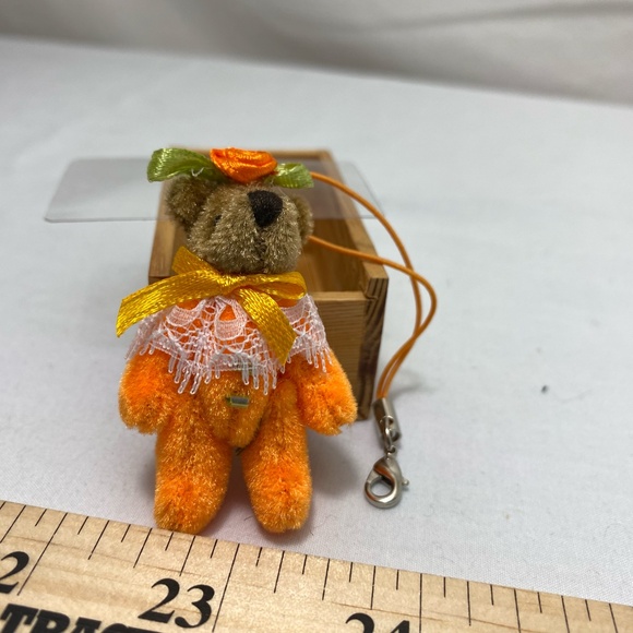 Department 56 Miniature Orange Felt Bear Keychain in Wooden Box Jointed Arms - Picture 5 of 7